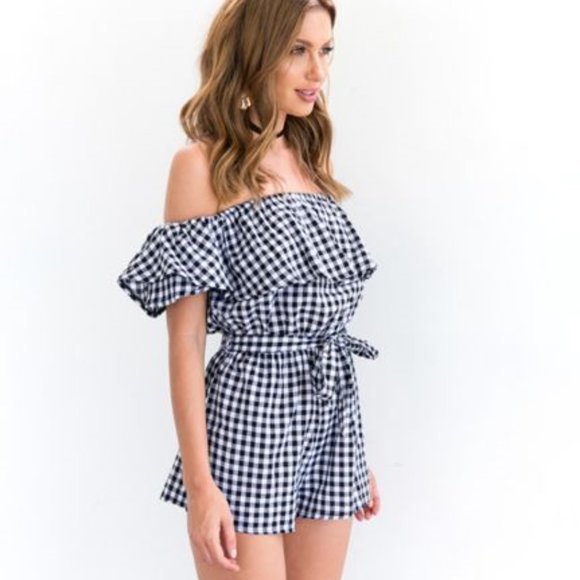 New SIMPLEE Black Gingham Off-Shoulder Romper NWT - Picture 2 of 8